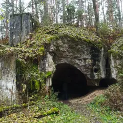 Ruiny bunkra w lesie, wejście do podziemi Osowiec. Zarośnięte mchem i liśćmi, tajemnicze miejsce.