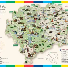 Mapa turystyczna Kaszub z zaznaczonymi szlakami rowerowymi, kajakowymi i pieszymi. Gdzie są Kaszuby? Tutaj!