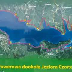 Mapa z zaznaczoną trasą rowerową Velo Dunajec wokół Jeziora Czorsztyńskiego. Widać miejscowości: Dębno, Frydman, Maniowy, Kluszkowce, Niedzica Zamek, Czorsztyn.