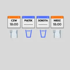 Kalendarz pokazuje czwartek i niedzielę o 18:00 jako dni posiłków. Piątek i sobota są puste, sugerując post. Autofagia po ilu godzinach?