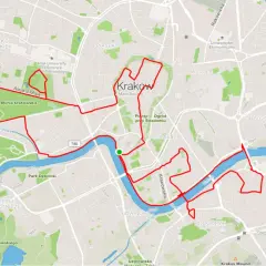 Trasa rowerowa Kraków: czerwona linia okrąża centrum, Błonia i Podgórze, wzdłuż Wisły.