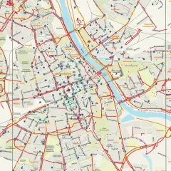 Mapa rowerowa Warszawy z zaznaczonymi trasami. Widać dzielnice takie jak Wola, Śródmieście, Praga Południe.