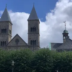 Kamienne wieże katedry w Viborg górują nad zielonymi drzewami.