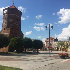 Wieża zegarowa w Barcinie góruje nad rynkiem, gdzie kwitną czerwone kwiaty.