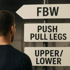 Mężczyzna patrzy na drogowskazy treningowe: FBW, PUSH PULL LEGS, UPPER/LOWER. Którą ścieżkę wybierze?
