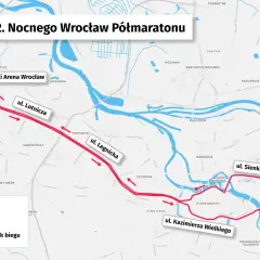 Trasa 12. Nocnego Wrocław Półmaratonu: start na Tarczyński Arena, przez ul. Lotniczą, Legnicką, Sienkiewicza, Kazimierza Wielkiego.