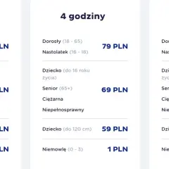 Cennik rodzinny Suntago: bilety całodniowe, 4-godzinne i 2-godzinne dla dorosłych, nastolatków, dzieci, seniorów i niemowląt.