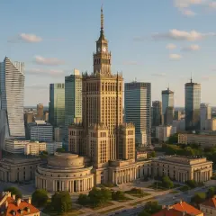 Pałac Kultury i Nauki góruje nad nowoczesnymi wieżowcami, tworząc panoramę fajnych miejsc w Warszawie.