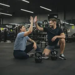 Para, którzy szukają crossfit Wrocław, gdzie można poczuć energię i wsparcie. Para świętuje sukces na siłowni.