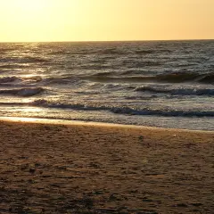 Piękny zachód słońca Sarbinowo. Złote światło odbija się od fal Bałtyku, tworząc magiczny widok na piaszczystej plaży.