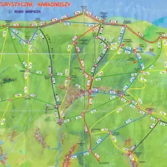 Mapa turystyczna Karkonoszy z zaznaczonymi szlakami. Kolorowe linie pokazują różne szlaki, a punkty oznaczają miejsca postoju i schroniska. Idealna do planowania wędrówek po Karkonoszach.