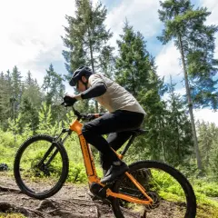 Rowerzysta na pomarańczowym rowerze górskim pokonuje leśną ścieżkę, odkrywając malownicze **trasy rowerowe Zakopane**.