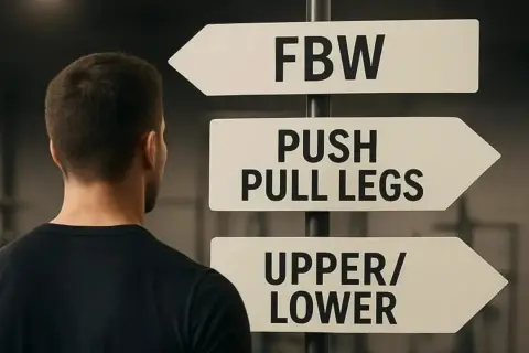 Mężczyzna patrzy na drogowskazy treningowe: FBW, PUSH PULL LEGS, UPPER/LOWER. Którą ścieżkę wybierze?