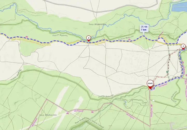 Mapa Pustyni Błędowskiej z zaznaczoną trasą rowerową Velo Przemsza. Start i meta oznaczone, punkty kontrolne 1-4.