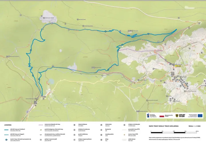 Mapa tras single track Szklarska. Trasa rowerowa oznaczona kolorem niebieskim, prowadząca przez malownicze tereny.