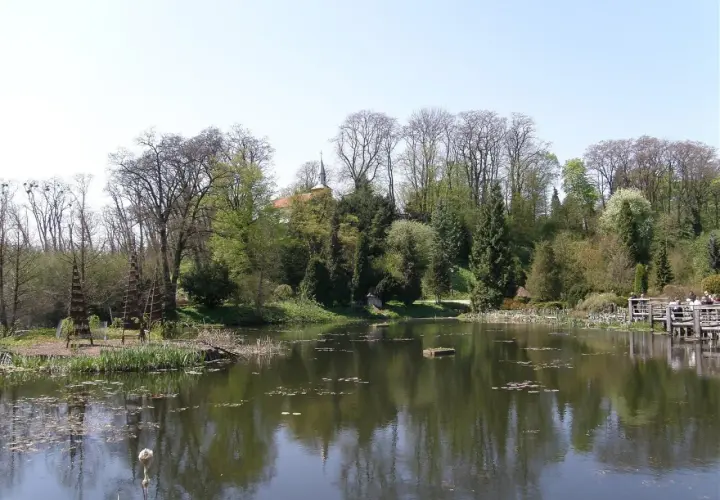 Malowniczy staw w Bolestraszycach, otoczony drzewami i zielenią. Widoczny fragment pałacu i drewniany pomost, idealne miejsce na relaks i podziwianie atrakcji.