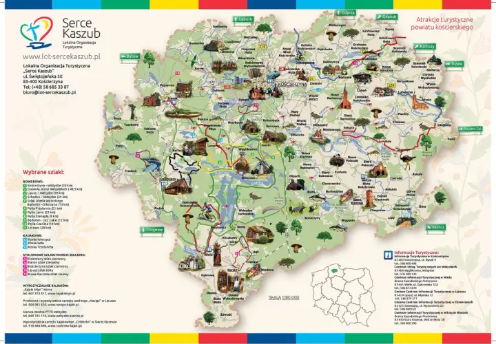 Mapa turystyczna Kaszub z zaznaczonymi szlakami rowerowymi, kajakowymi i pieszymi. Gdzie są Kaszuby? Tutaj!