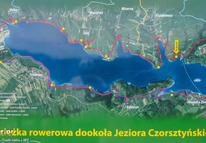 Mapa z zaznaczoną trasą rowerową Velo Dunajec wokół Jeziora Czorsztyńskiego. Widać miejscowości: Dębno, Frydman, Maniowy, Kluszkowce, Niedzica Zamek, Czorsztyn.