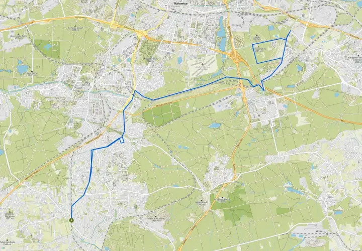 Mapa z zaznaczonymi trasami rowerowymi Katowice, prowadzącymi przez tereny zielone i osiedla.