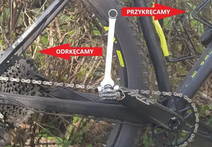Klucz do pedałów pokazuje, jak rozkręcić pedały w rowerze. Strzałka "odkręcamy" wskazuje na lewy pedał, a "przykręcamy" na prawy.