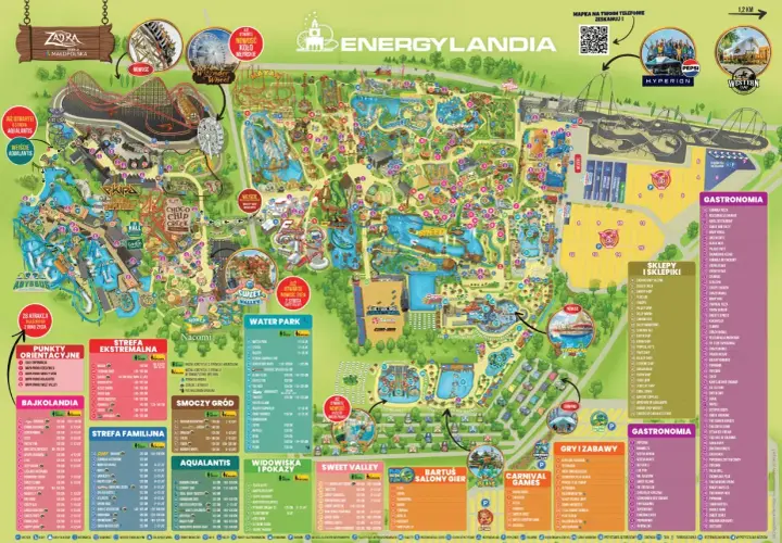 Mapa rozrywki w Zatorze, gdzie znajduje się Energylandia. Park oferuje strefy ekstremalne, wodne i rodzinne.