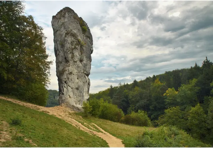 Ojcowski Park Narodowy: majestatyczna Maczuga Herkulesa góruje nad zielonymi wzgórzami i lasem.