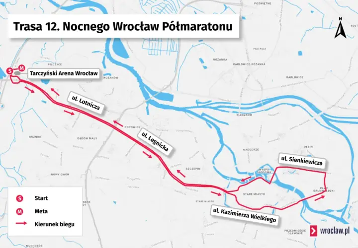 Trasa 12. Nocnego Wrocław Półmaratonu: start na Tarczyński Arena, przez ul. Lotniczą, Legnicką, Sienkiewicza, Kazimierza Wielkiego.