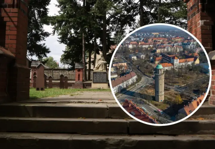 Kamienne schody prowadzą do cmentarza w Karłowicach. W okręgu widok na miasto z wieżą ciśnień.