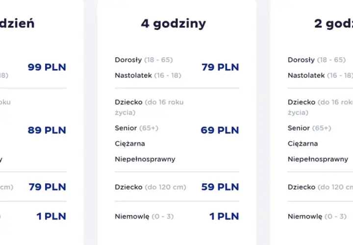 Cennik rodzinny Suntago: bilety całodniowe, 4-godzinne i 2-godzinne dla dorosłych, nastolatków, dzieci, seniorów i niemowląt.