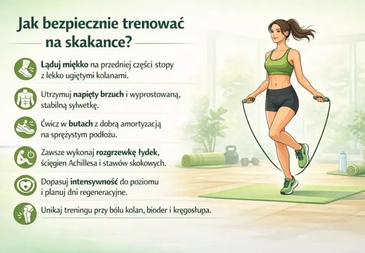 Kobieta skacze na skakance, ilustracja pokazuje jak uzyskać najlepsze skakanie na skakance efekty, dbając o technikę i bezpieczeństwo.