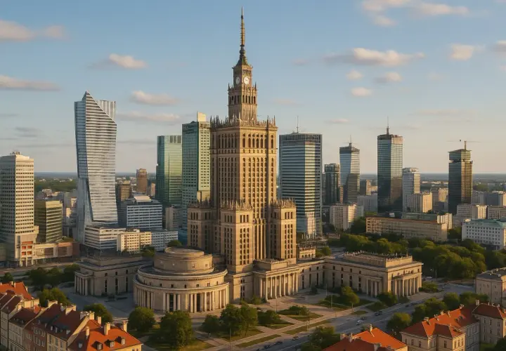 Pałac Kultury i Nauki góruje nad nowoczesnymi wieżowcami, tworząc panoramę fajnych miejsc w Warszawie.