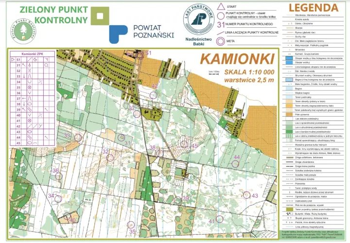 Mapa terenu "Kamionki" z zaznaczonymi punktami kontrolnymi i legendą.