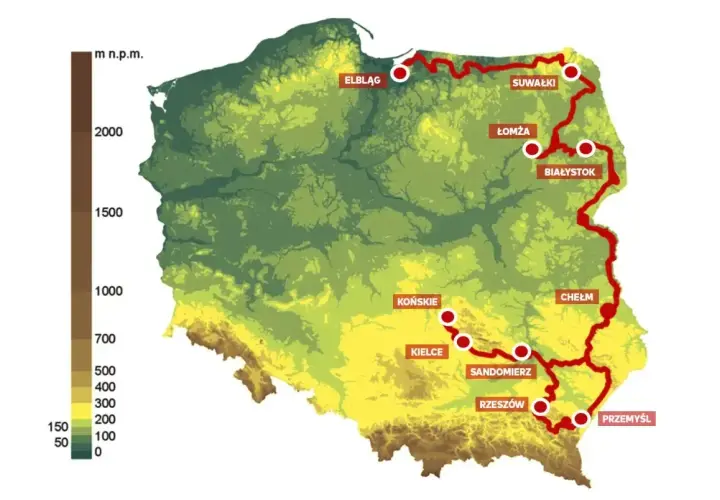 Mapa Polski z zaznaczonymi oznaczeniami tras rowerowych, biegnącymi przez Elbląg, Suwałki, Łomżę, Białystok, Końskie, Kielce, Sandomierz, Rzeszów, Chełm i Przemyśl.