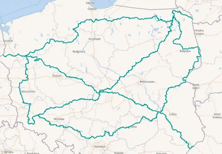 Mapa Polski z zaznaczonymi trasami, obejmującymi m.in. Lublin i tereny lubelszczyzny.