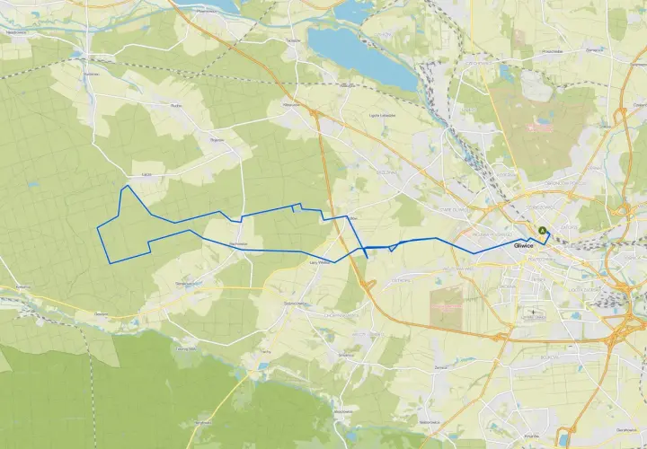 Mapa z zaznaczonymi trasami rowerowymi Gliwice i okolicami.