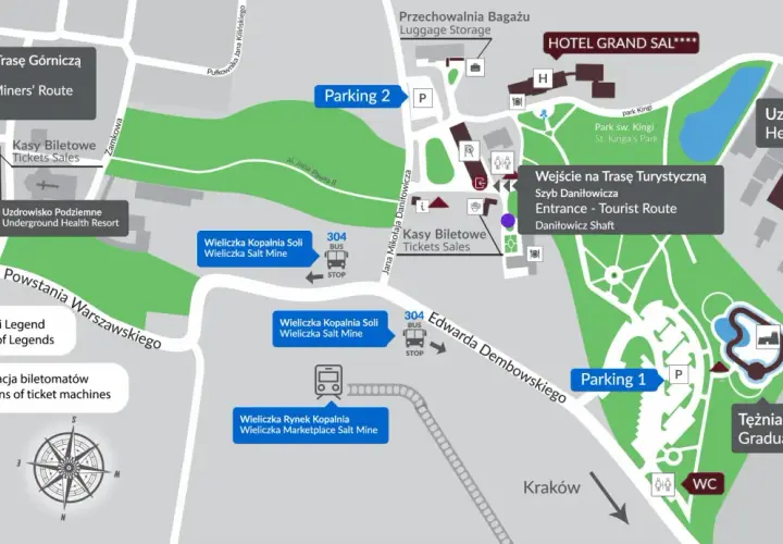 Mapa Kopalni Soli "Wieliczka" z zaznaczonymi wejściami na trasy, parkingami i kasami biletowymi.