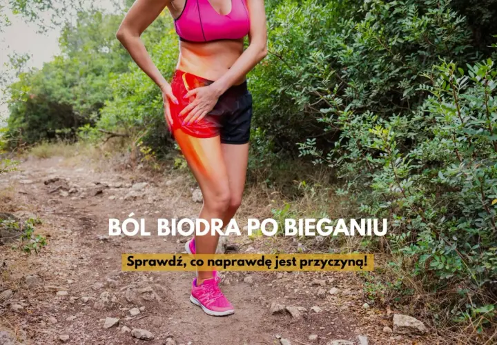 Ból biodra po bieganiu? Kobieta trzyma się za bolące biodro, które jest podświetlone na czerwono.