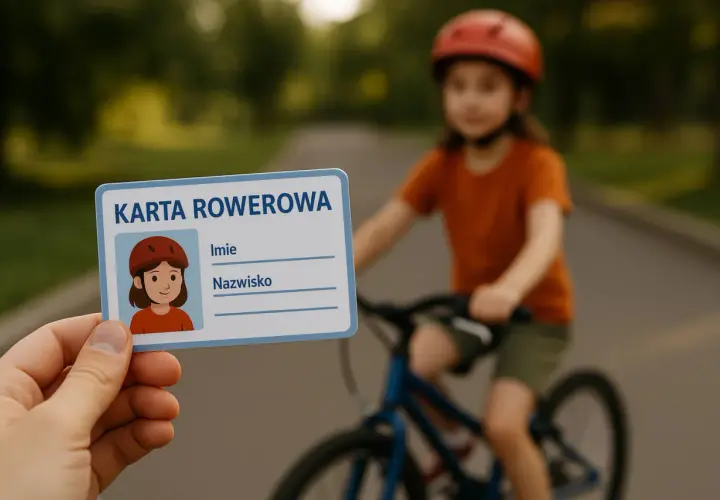 Karta rowerowa od ilu lat? Dziecko w kasku jedzie na rowerze, a ręka trzyma kartę rowerową z rysunkiem dziewczynki.