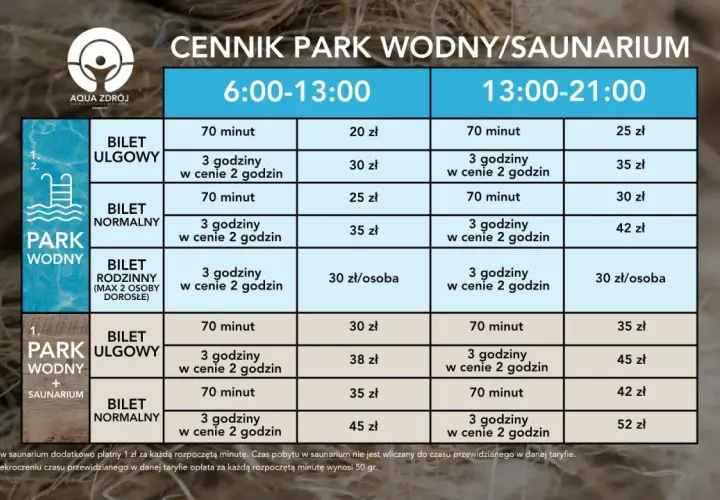 Cennik Bardejowskie Termy: bilety ulgowe, normalne i rodzinne na park wodny i saunarium. Sprawdź ceny od 6:00 do 21:00.