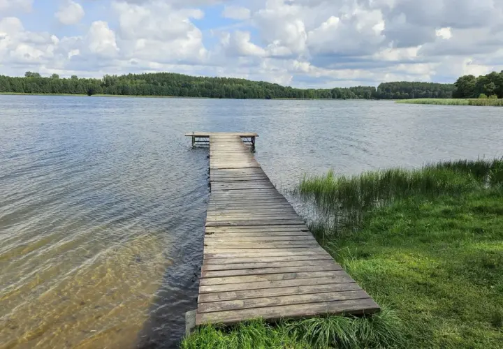 Drewniane molo prowadzi do spokojnego jeziora, otoczonego zielonymi lasami. To idealne miejsce na wypoczynek na łonie natury, prawdziwy kamień krajeński.