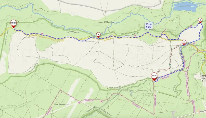 Mapa Pustyni Błędowskiej z zaznaczoną trasą rowerową Velo Przemsza. Start i meta oznaczone, punkty kontrolne 1-4.