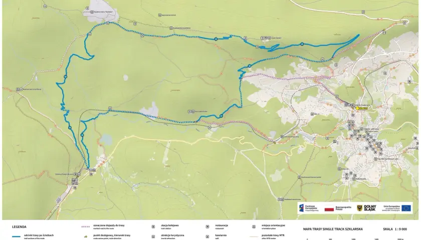 Mapa tras single track Szklarska. Trasa rowerowa oznaczona kolorem niebieskim, prowadząca przez malownicze tereny.