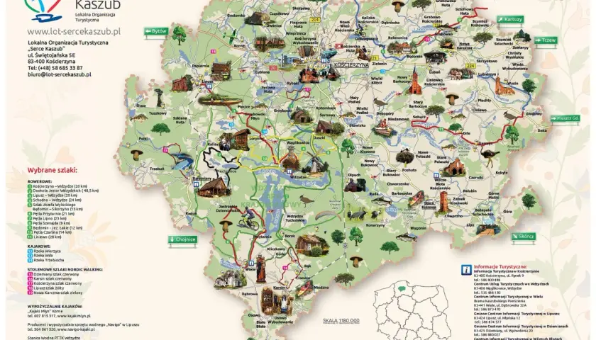 Mapa turystyczna Kaszub z zaznaczonymi szlakami rowerowymi, kajakowymi i pieszymi. Gdzie są Kaszuby? Tutaj!