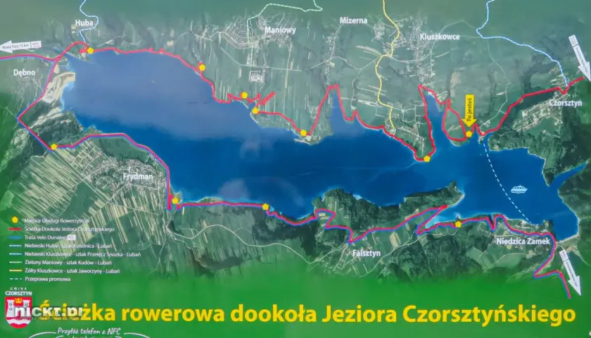 Mapa z zaznaczoną trasą rowerową Velo Dunajec wokół Jeziora Czorsztyńskiego. Widać miejscowości: Dębno, Frydman, Maniowy, Kluszkowce, Niedzica Zamek, Czorsztyn.