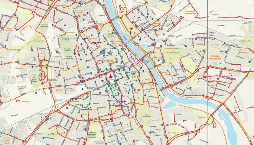 Mapa rowerowa Warszawy z zaznaczonymi trasami. Widać dzielnice takie jak Wola, Śródmieście, Praga Południe.