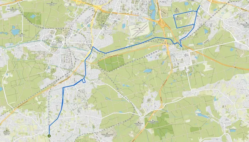Mapa z zaznaczonymi trasami rowerowymi Katowice, prowadzącymi przez tereny zielone i osiedla.