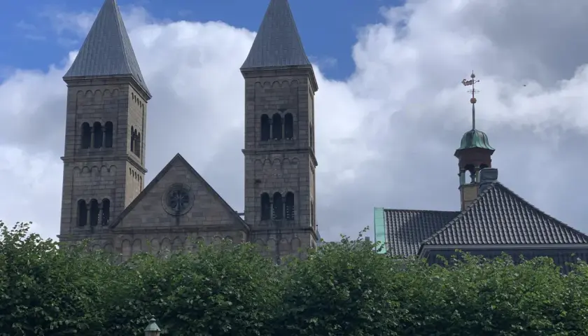 Kamienne wieże katedry w Viborg górują nad zielonymi drzewami.