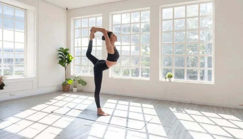 Kobieta w czarnym stroju wykonuje pozycję Natarajasana podczas sesji vinyasa jogi. Światło wpada przez okna.