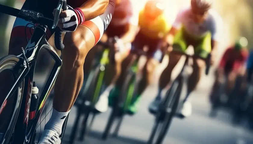 Wyścig **bikery** w pełnym słońcu. Kolarze w aerodynamicznych strojach pędzą po trasie, skupieni na rywalizacji.