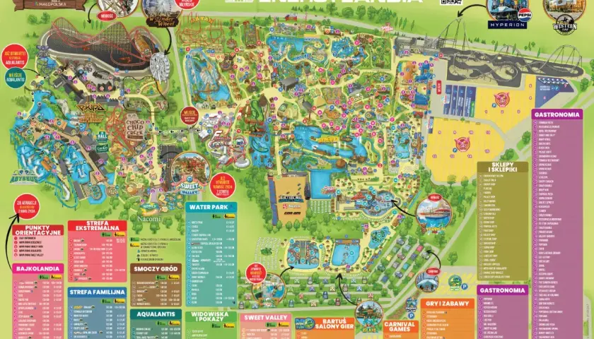 Mapa rozrywki w Zatorze, gdzie znajduje się Energylandia. Park oferuje strefy ekstremalne, wodne i rodzinne.
